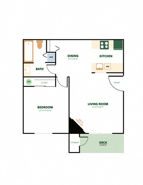 Floor plan for 1 bed, 1 bath, 644 sqft